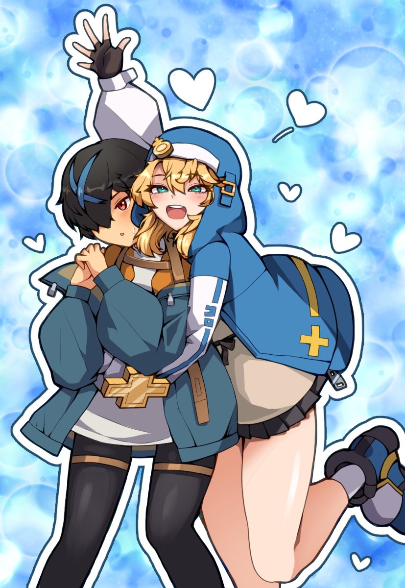 2girls, androgyne_symbol, androgynous, aqua_eyes, black_gloves, black_hair, blonde_hair, blue_jacket