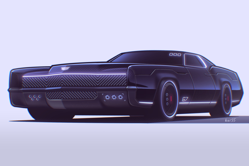 artist_name, black_car, cadillac, cadillac_eldorado, car, cyberpunk, gradient_background, grey_background, kai55, motor_vehicle, neon_lights, no_humans, original, science_fiction, shadow, vehicle_focus
