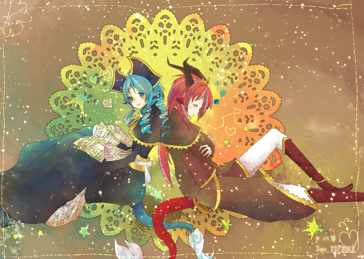 1girl, aqua_hair, book, brown_background, chungeyubaye, couple, dragon_tail, holding, holding_paper, monster_hunter_(series), monster_hunter_portable_2nd_g, paper, tail, teostra