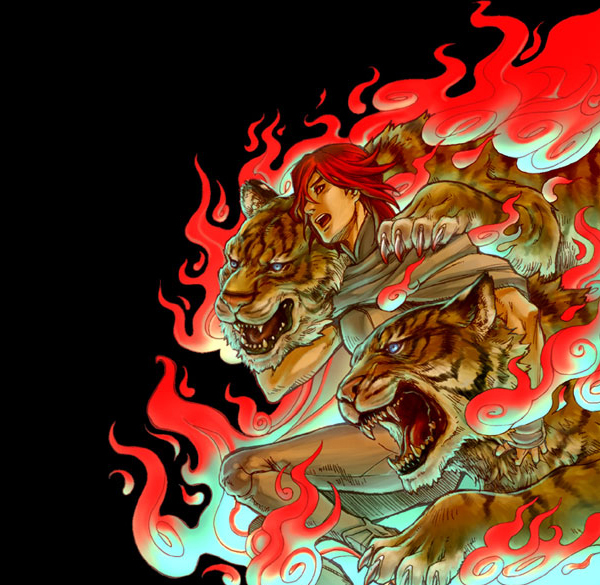 1boy, animal, animal_ears, black_background, blue_eyes, bodysuit, burning, claws