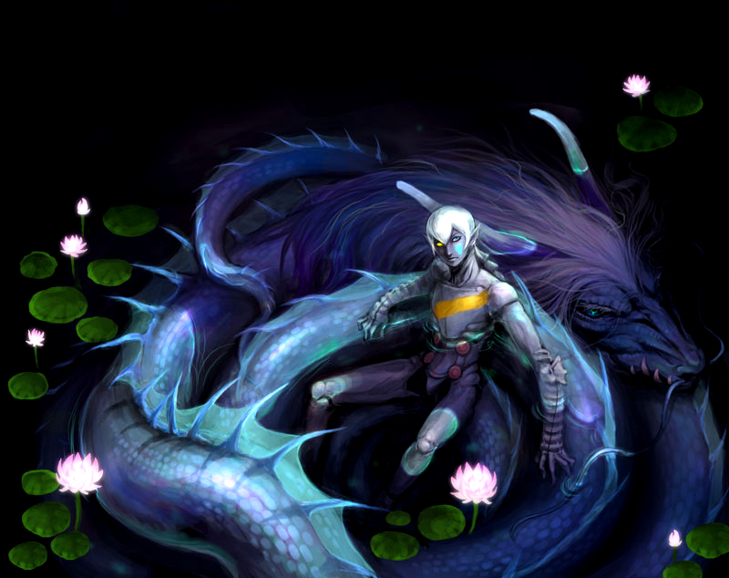 1boy, blue_eyes, blue_scales, bodysuit, commentary_request, curled_up, demon_(megami_tensei), digital_devil_saga