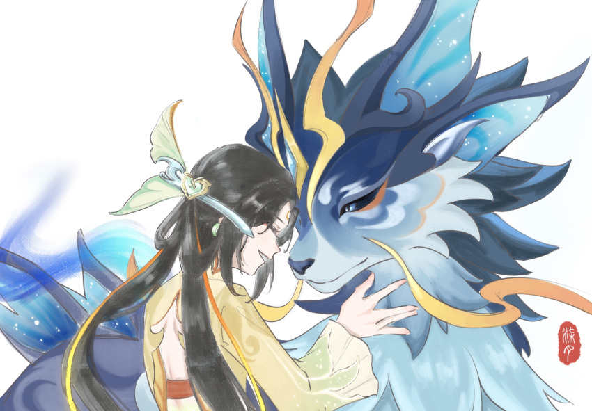 1girl, artist_name, black_hair, chinese_clothes, closed_eyes, forehead_jewel, fujin_(genshin_impact), genshin_impact, hair_ornament, hair_rings, hair_stick, highres, long_hair, long_sleeves, qiyue_(shengsheng29296), smile, solitary_suanni_(genshin_impact), upper_body, white_background