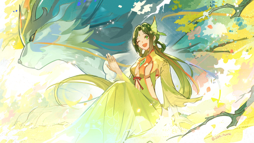 1girl, 2134twone, ;d, breasts, chinese_clothes, clothing_cutout, dress, fujin_(genshin_impact)