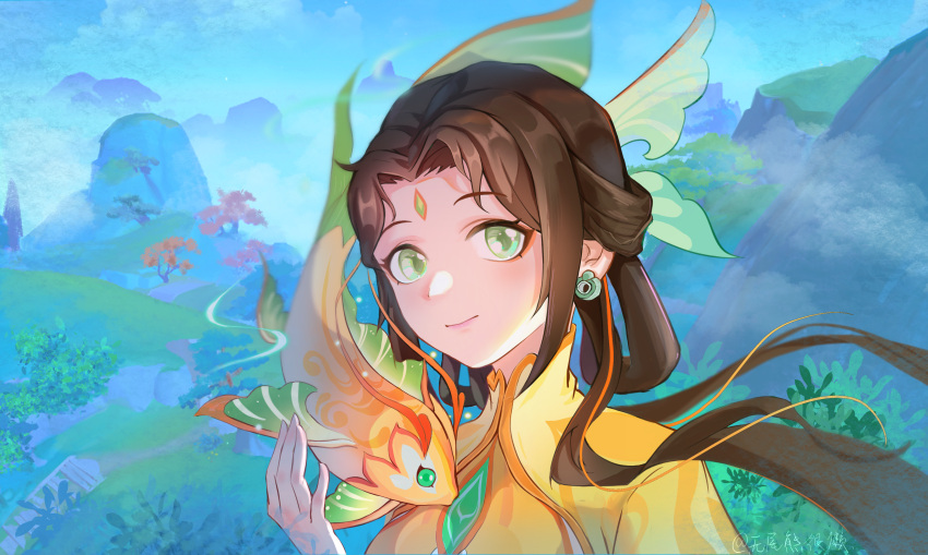 1girl, absurdres, brown_hair, chinese_clothes, closed_mouth, earrings, facial_mark, fish