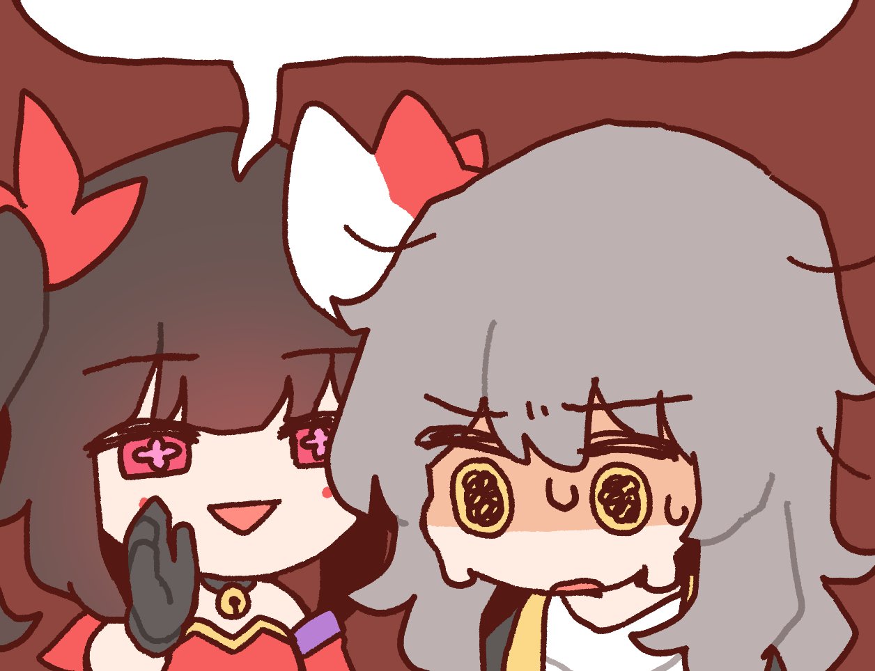 2girls, :>, bell, black_choker, black_gloves, black_jacket, blank_speech_bubble, brown_hair
