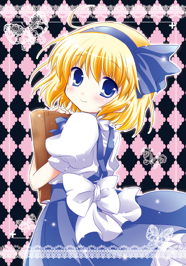 alice_margatroid, alice_margatroid_(pc-98), argyle, argyle_background, blonde_hair, blue_eyes, book, border