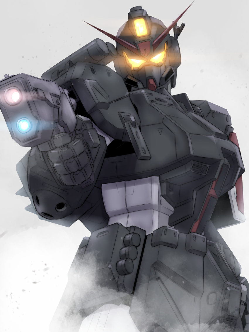 aiming, commentary, glowing, glowing_eyes, gm_spartan_rg, gun, gundam, gundam_battle_operation_code_fairy