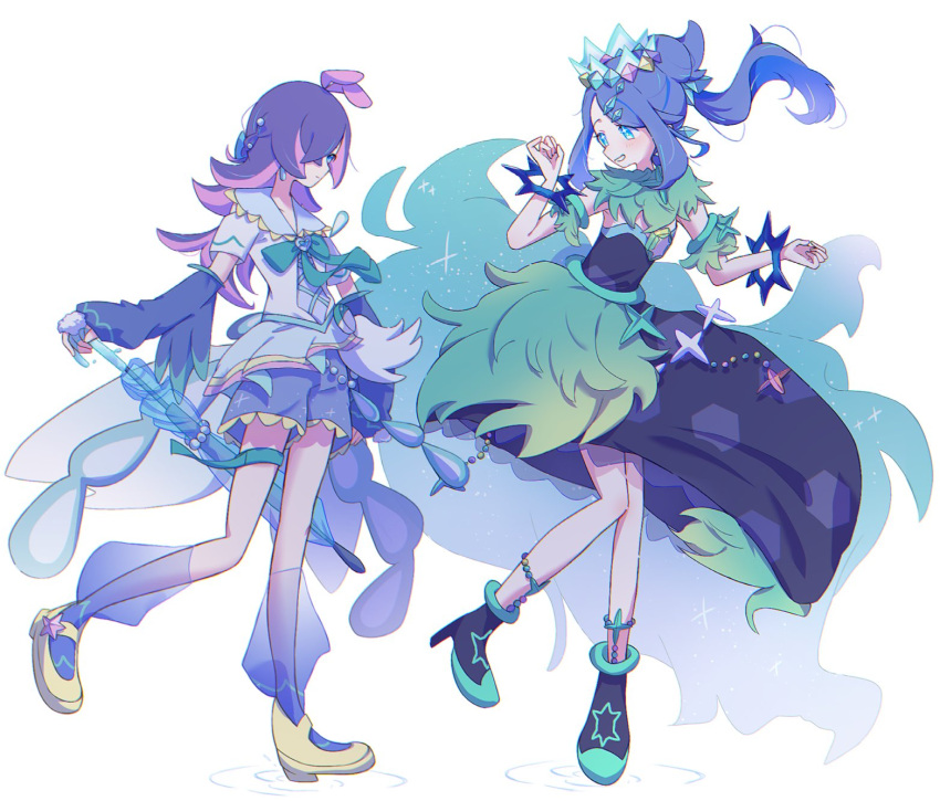 2girls, blue_eyes, blush, boots, bow, closed_mouth, cosplay, crown