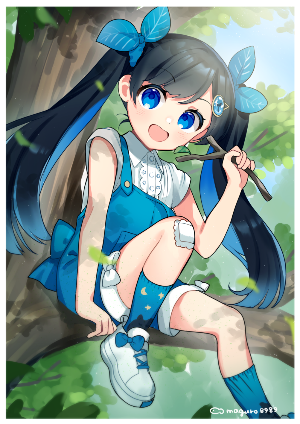 1girl, aged_down, binchou_maguro, black_hair, blue_bow, blue_eyes, blue_hair, blue_overalls