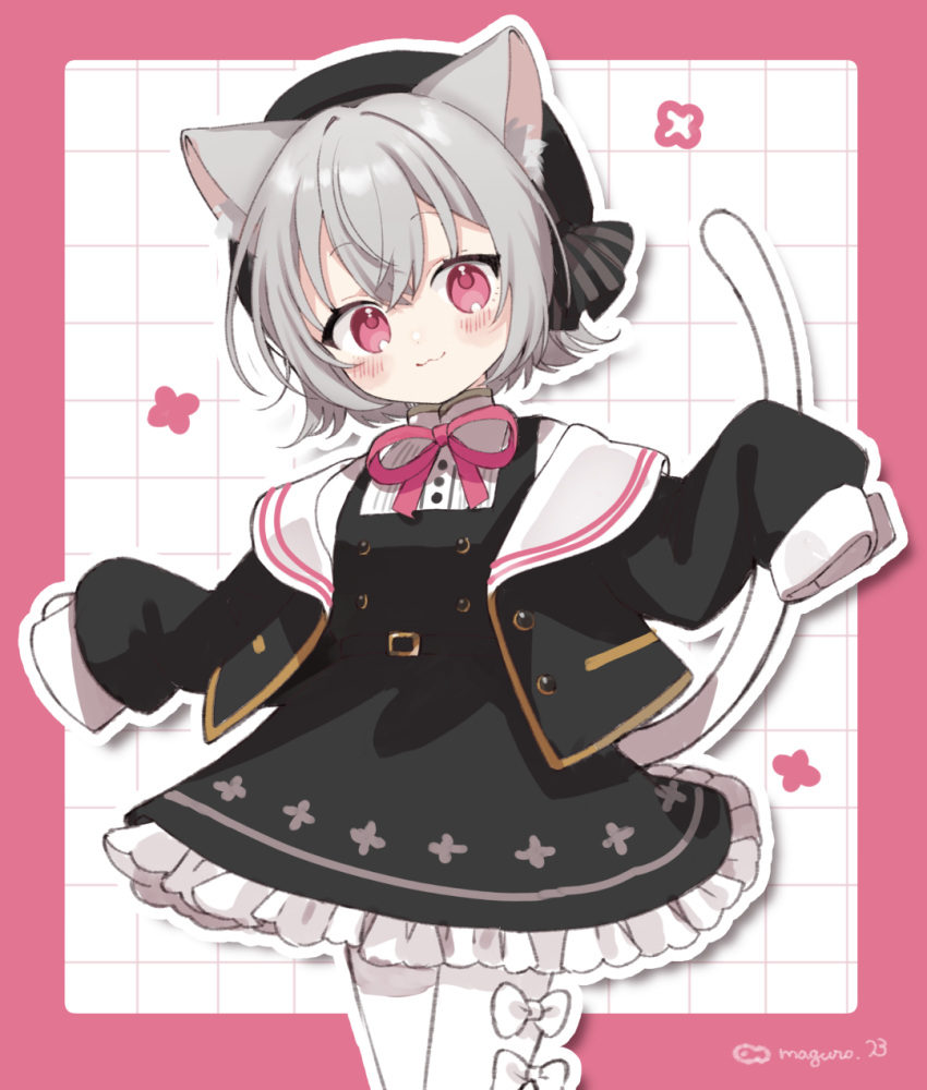 1girl, :3, animal_ear_fluff, animal_ears, beret, binchou_maguro, black_dress, black_jacket, black_ribbon, blush, border, bow, buttons, cat_ears, cat_girl, cat_tail, commentary_request, cowboy_shot, dress, frilled_skirt, frills, grey_hair, hat, hat_ribbon, high_collar, highres, jacket, long_sleeves, looking_at_viewer, neck_ribbon, pantyhose, pink_border, pink_eyes, pink_ribbon, ribbon, sailor_collar, sayo_(voicevox), shirt, short_hair, skirt, sleeveless, sleeveless_dress, sleeves_past_wrists, standing, tail, thigh_bow, voicevox, white_background, white_bow, white_pantyhose, white_shirt