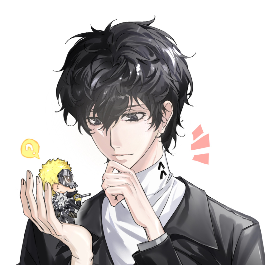 2boys, ?, amamiya_ren, arms_up, black_hair, black_jacket, blonde_hair, chinese_commentary