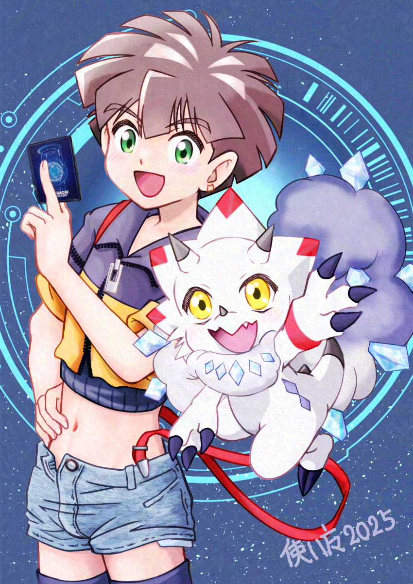 1boy, absurdres, amanokawa_hiro, black_jacket, blue_background, blue_shorts, brown_hair, card