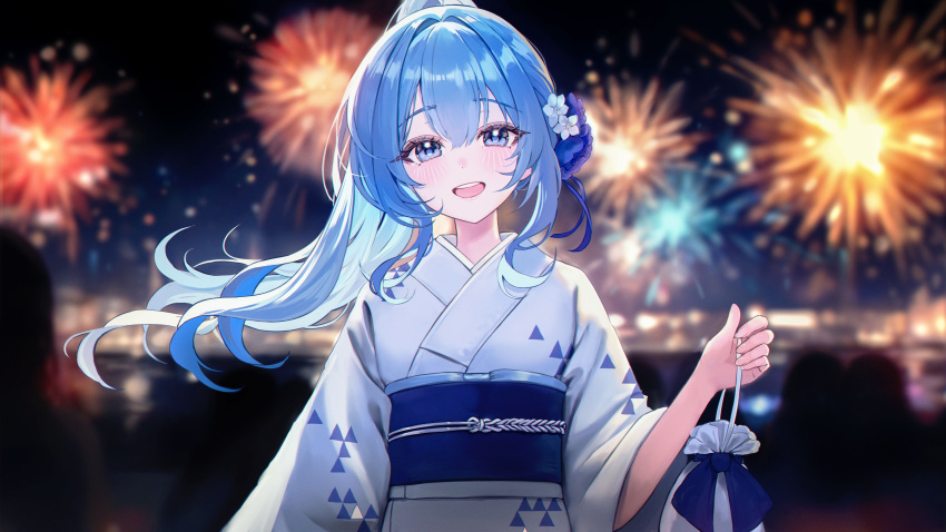 1girl, absurdres, aerial_fireworks, bbeedol, blue_eyes, blue_hair, blurry, blurry_background