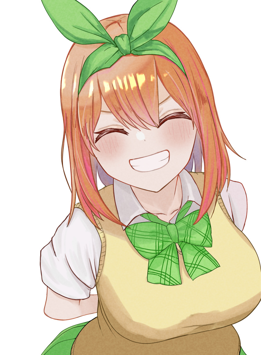 1girl, absurdres, arms_behind_back, blush, bow, bowtie, breasts, closed_eyes, collarbone, collared_shirt, commentary, go-toubun_no_hanayome, green_bow, green_bowtie, green_ribbon, grin, hair_ribbon, highres, large_breasts, medium_hair, nakano_yotsuba, orange_hair, ribbon, sakiri, school_uniform, shirt, short_sleeves, simple_background, smile, solo, summer_uniform, sweater_vest, upper_body, white_background, white_shirt, yellow_sweater_vest