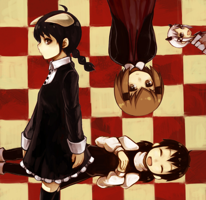 4girls, akita's_sister_(akitaland_gothic), akita_(akitaland_gothic), akitaland_gothic, asahi_(akitaland_gothic), black_dress, black_hair, black_thighhighs