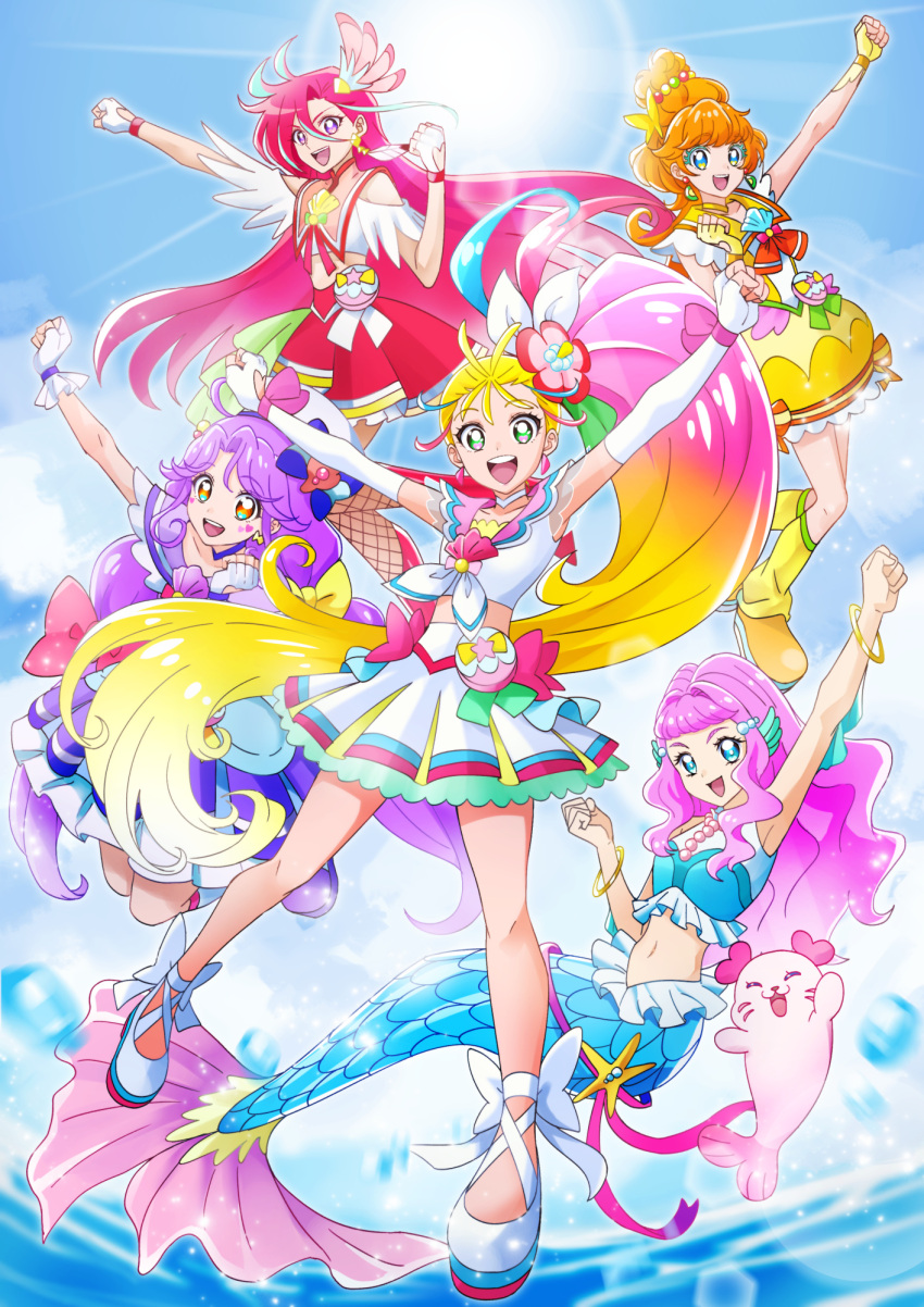 5girls, 5gn9x, blonde_hair, blue_bow, blue_eyes, blue_hairband, blue_shirt, blue_sky, boots, bow, bow_skirt, bracelet, capelet, choker, clenched_hands, clothing_cutout, commentary, cure_coral, cure_flamingo, cure_papaya, cure_summer, day, dress, elbow_gloves, facial_mark, feather_hair_ornament, feathers, fingerless_gloves, food-themed_hair_ornament, frilled_shirt, frills, fruit_hair_ornament, gloves, green_eyes, hair_between_breasts, hair_ornament, hairband, hat, hat_bow, highres, ichinose_minori, jewelry, jumping, kururun_(precure), laura_la_mer, legs_up, looking_at_viewer, magical_girl, medium_dress, midriff, miniskirt, multicolored_hair, multiple_girls, natsuumi_manatsu, neck_ribbon, neckerchief, orange_eyes, orange_hair, orange_ribbon, outdoors, pink_hair, pink_sailor_collar, pleated_skirt, pouch, precure, purple_boots, purple_capelet, purple_choker, purple_dress, purple_hair, raised_fist, raised_fists, red_bow, red_hair, red_shirt, red_skirt, ribbon, sailor_collar, sailor_hat, sailor_shirt, shell_brooch, shirt, shoes, short_dress, short_sleeves, shoulder_cutout, showgirl_skirt, skirt, sky, sleeveless, sleeveless_dress, sleeveless_shirt, standing, sun, suzumura_sango, takizawa_asuka, tropical-rouge!_precure, tsukikage_oyama, violet_eyes, white_choker, white_gloves, white_hat, white_neckerchief, white_shirt, white_shoes, white_skirt, yellow_boots, yellow_dress, yellow_gloves