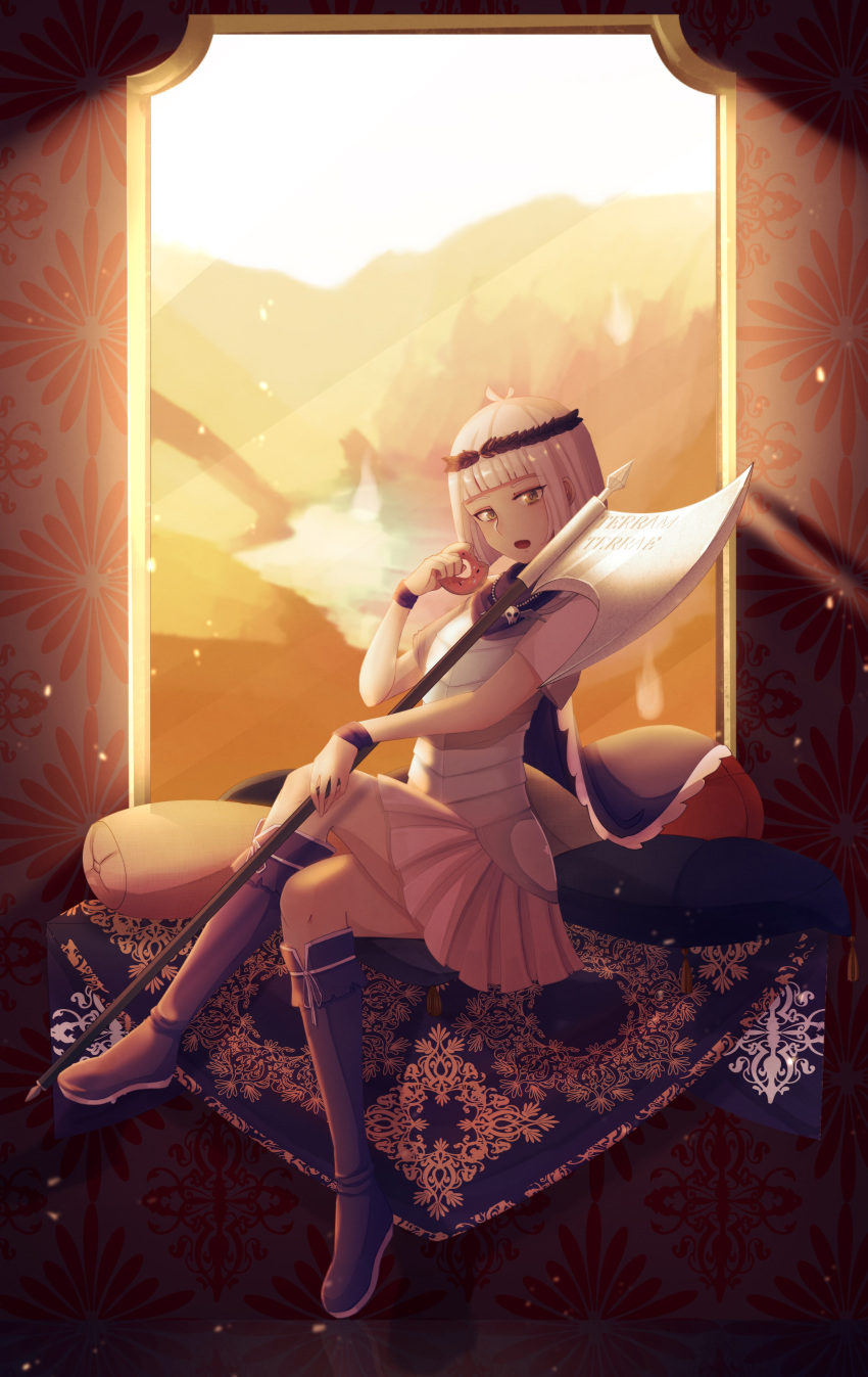 1girl, absurdres, armor, axe, bob_cut, boots, cape, commission, dominions, doughnut, eating, food, frilled_cape, greco-roman_clothes, green_eyes, highres, holding, holding_axe, holding_weapon, jewelry, latin_text, looking_at_viewer, necklace, olive_wreath, open_mouth, pillow, pink_hair, pink_skirt, plate_armor, purple_boots, purple_cape, sceleria-chan, sitting, skirt, skull_necklace, solo, third-party_source, weapon, window, yomuran