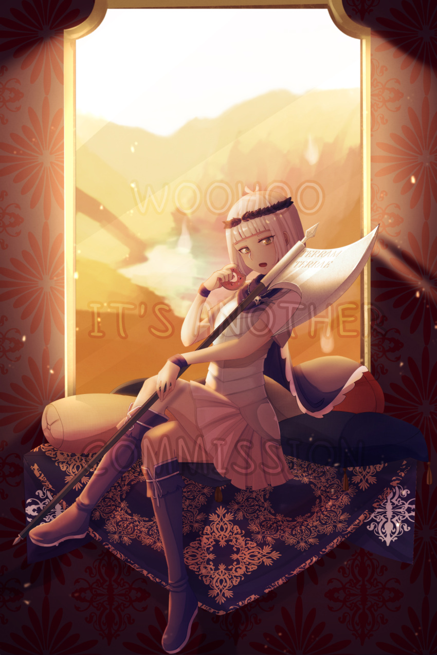 1girl, armor, axe, bob_cut, boots, cape, commission, dominions