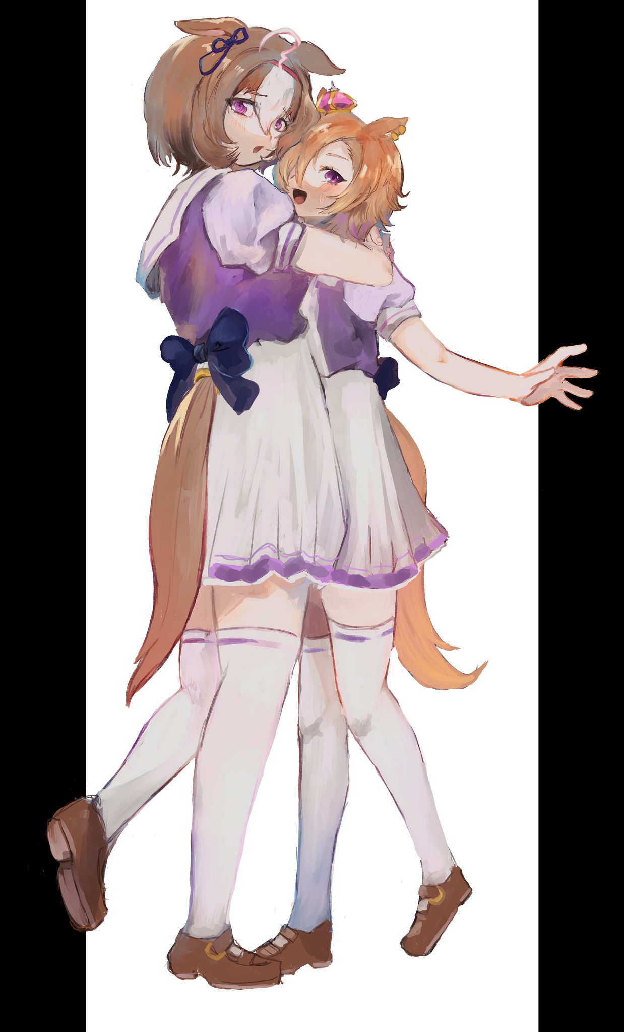 2girls, :d, :o, ahoge, animal_ears, arm_around_neck, back_bow, blue_bow, blush, bow, brown_hair, brown_shoes, brown_tail, commentary_request, crown, ear_ornament, ear_ribbon, ears_down, full_body, furrowed_brow, hair_over_one_eye, heads_together, height_difference, highres, horse_ears, horse_girl, horse_tail, hug, mary_janes, meisho_doto_(umamusume), mini_crown, multiple_girls, ohima_kajitu, open_mouth, orange_hair, orange_tail, pleated_skirt, puffy_short_sleeves, puffy_sleeves, purple_shirt, sailor_collar, sailor_shirt, school_uniform, shirt, shoes, short_hair, short_sleeves, skirt, smile, standing, standing_on_one_leg, summer_uniform, t.m._opera_o_(umamusume), tail, thigh-highs, tracen_school_uniform, umamusume, violet_eyes, white_hair, white_sailor_collar, white_skirt, white_thighhighs, zettai_ryouiki