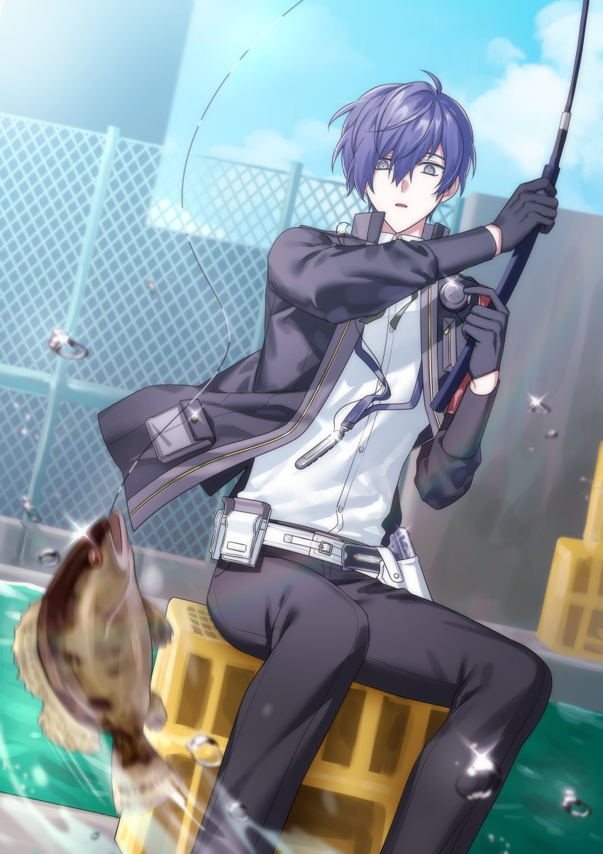 1boy, absurdres, aircon11, armband, black_gloves, black_jacket, black_pants, blue_hair