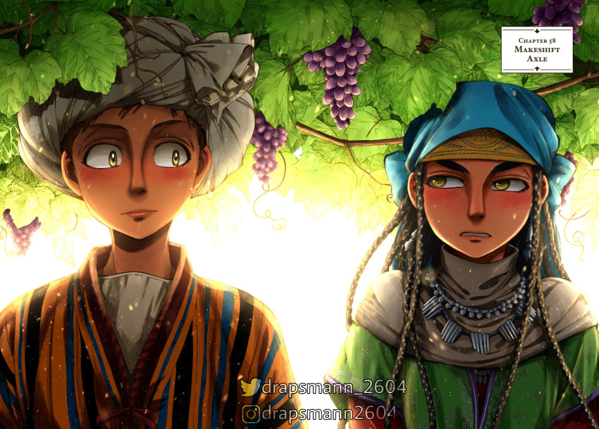 1boy, 1girl, artist_name, black_hair, blush, branch, brown_hair, colorized