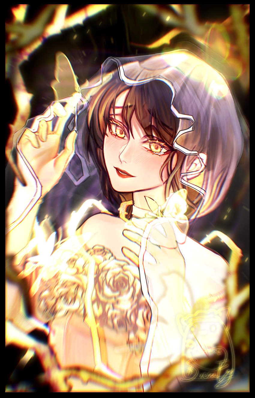1girl, absurdres, alternate_eye_color, blush, bridal_veil, bride, brown_hair, bug, butterfly, commentary, crying, crying_with_eyes_open, flower, happy_tears, happy_valentine, highres, looking_at_viewer, nose_blush, red_lips, sanliguilia, short_hair, solo, tears, tears_from_one_eye, umineko_no_naku_koro_ni, valentine, veil, yasu_(umineko), yellow_butterfly, yellow_eyes