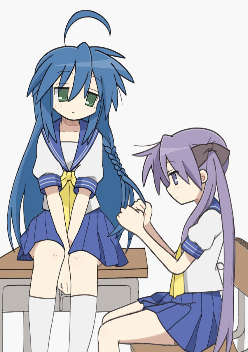 2girls, adjusting_another's_hair, ahoge, blue_hair, blue_sailor_collar, blue_skirt, braid, green_eyes