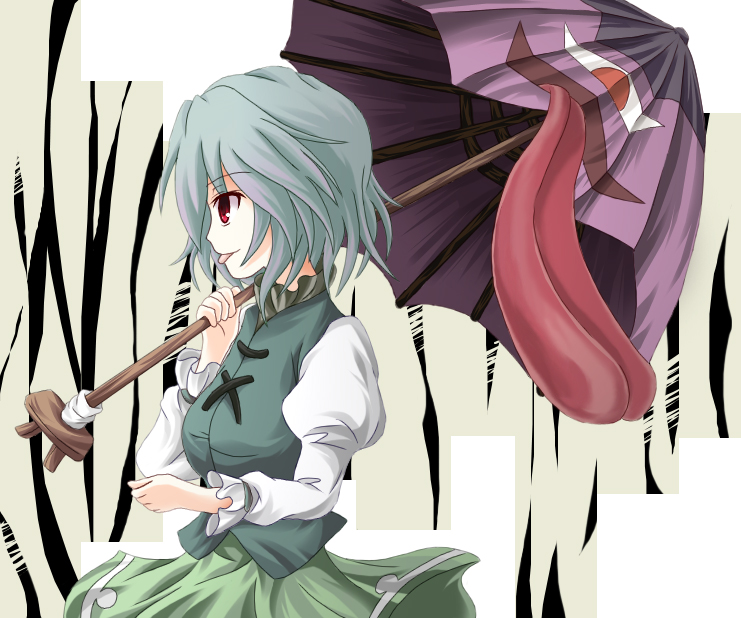 blue_hair, green_shirt, green_skirt, heterochromia, huge_tongue, karakasa_obake, long_tongue, red_eye