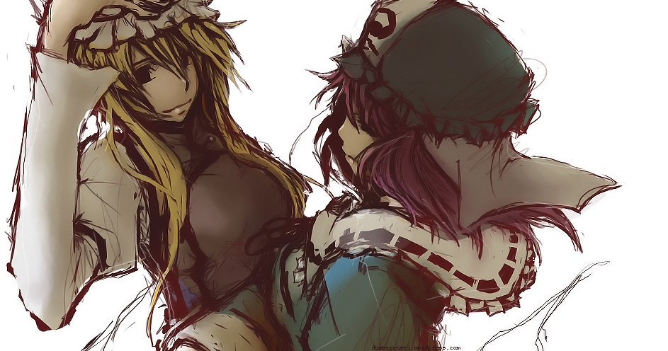 2girls, black_hair, blonde_hair, duster_(artist), hat, long_hair, looking_back, multiple_girls