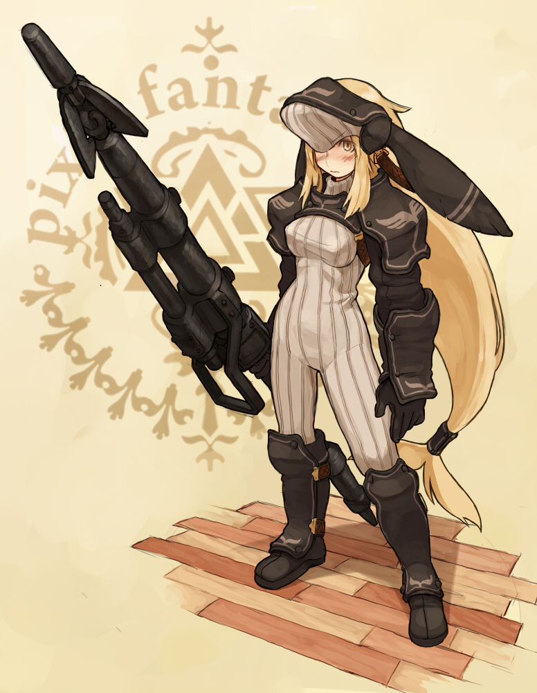 blonde_hair, blush, bodysuit, boots, gauntlets, harpoon, ken_makiba, knee_boots, long_hair, pixiv_fantasia, pixiv_fantasia_5, solo, turtleneck, very_long_hair, yellow_eyes