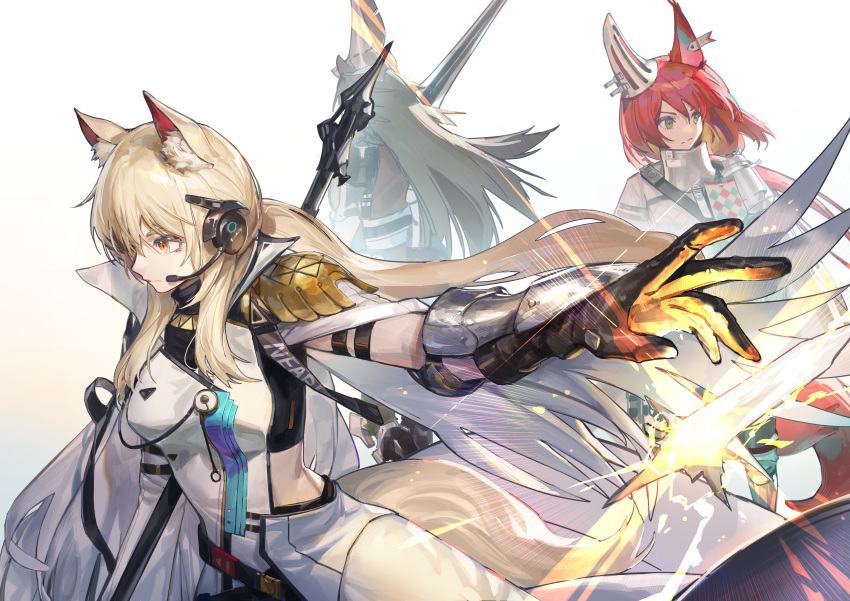 3girls, absurdres, animal_ear_fluff, animal_ears, arknights, arm_strap, armor, ashlock_(arknights), belt, black_belt, black_gloves, black_shirt, blonde_hair, breasts, brown_hair, cape, closed_mouth, coat, commentary, cowboy_shot, cropped_shirt, dooduck, ear_armor, ear_covers, ear_tag, english_commentary, expressionless, flametail_(arknights), gambeson, gloves, glowing, headset, highres, holding, holding_polearm, holding_weapon, horse_ears, horse_girl, horse_tail, implied_extra_ears, lance, long_hair, looking_to_the_side, medium_breasts, midriff, multiple_girls, nearl_(arknights), nearl_the_radiant_knight_(arknights), polearm, ponytail, red_hair, shirt, shoulder_armor, sidelocks, simple_background, single_ear_cover, skirt, squirrel_ears, squirrel_girl, standing, tail, vambraces, visor_(armor), weapon, white_background, white_cape, white_coat, white_skirt, yellow_eyes