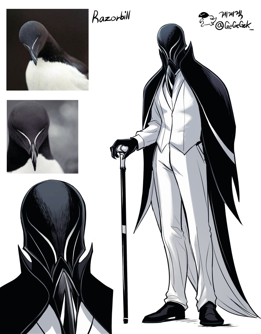 1boy, absurdres, animal, artist_name, artist_self-insert, beak, bird, black_cape, black_mask, black_shoes, cane, cape, creature_and_personification, english_text, faceless, facing_viewer, full_body, gecko, gegegekman, hand_on_cane, highres, mask, multiple_views, original, pants, personification, photo-referenced, razorbill, razorbill_(gegegekman), reference_photo, shirt, shoes, simple_background, tailcoat, vest, waistcoat, white_background, white_pants, white_shirt
