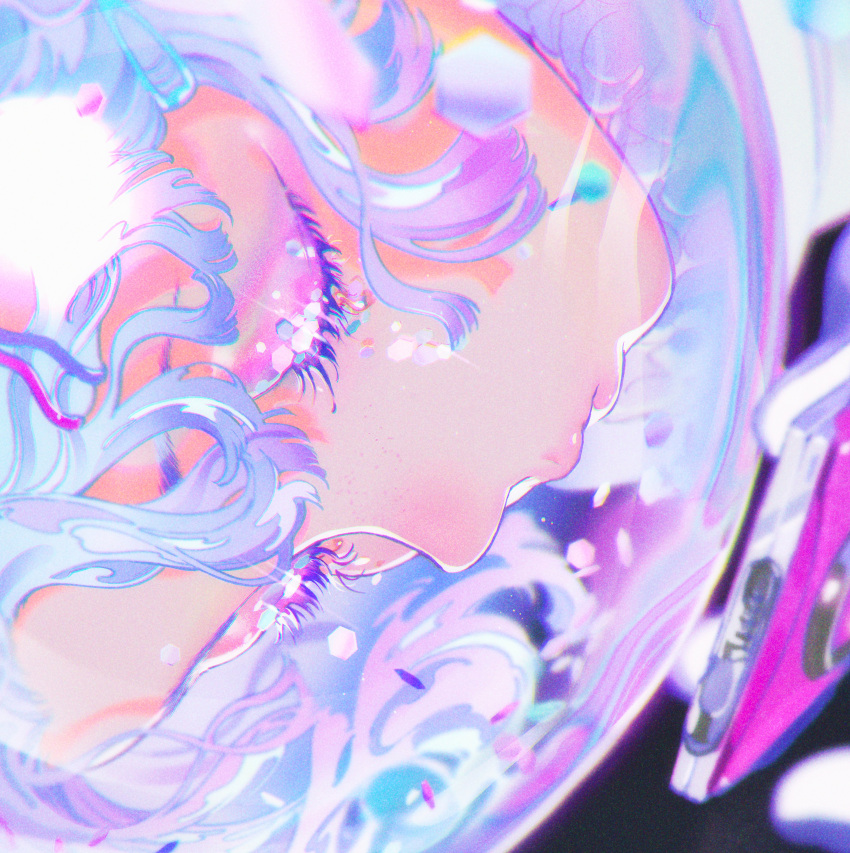 1girl, absurdres, astronaut, black_background, blue_hair, blunt_ends, blush, cellphone, closed_eyes, eye_glitter, eyeshadow, freckles, gloves, gradient_hair, hair_ornament, hairclip, helmet, highres, holding, holding_phone, light_particles, lips, makeup, multicolored_hair, nose_blush, original, parted_lips, phone, pink_eyeshadow, pink_hair, pink_lips, pointy_nose, portrait, short_hair, smartphone, solo, space_helmet, spacesuit, white_gloves, yoneyama_mai