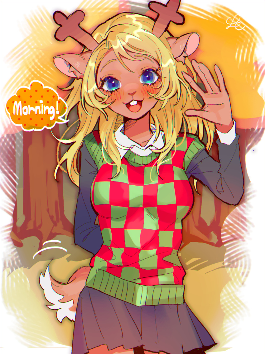 1girl, :3, \||/, aegyo_sal, animal_ears, antlers, arm_behind_back, black_shirt, black_skirt, blonde_hair, blue_eyes, blush, border, breasts, brown_tail, checkered_clothes, checkered_sweater_vest, chromatic_aberration, collared_shirt, commentary_request, cowboy_shot, dark-skinned_female, dark_skin, deer_antlers, deer_ears, deer_girl, deer_tail, deltarune, english_text, freckles, furry, furry_female, grass, green_sweater_vest, hair_over_shoulder, hand_up, head_tilt, highres, horns, layered_sleeves, long_hair, long_sleeves, looking_at_viewer, medium_breasts, miniskirt, noelle_holiday, open_mouth, outdoors, outside_border, pleated_skirt, red_sweater_vest, se_(hanahide), shirt, skirt, solo, speech_bubble, standing, straight-on, sweater_vest, tail, teeth, tree, two-tone_sweater_vest, upper_teeth_only, waving, white_border, white_shirt