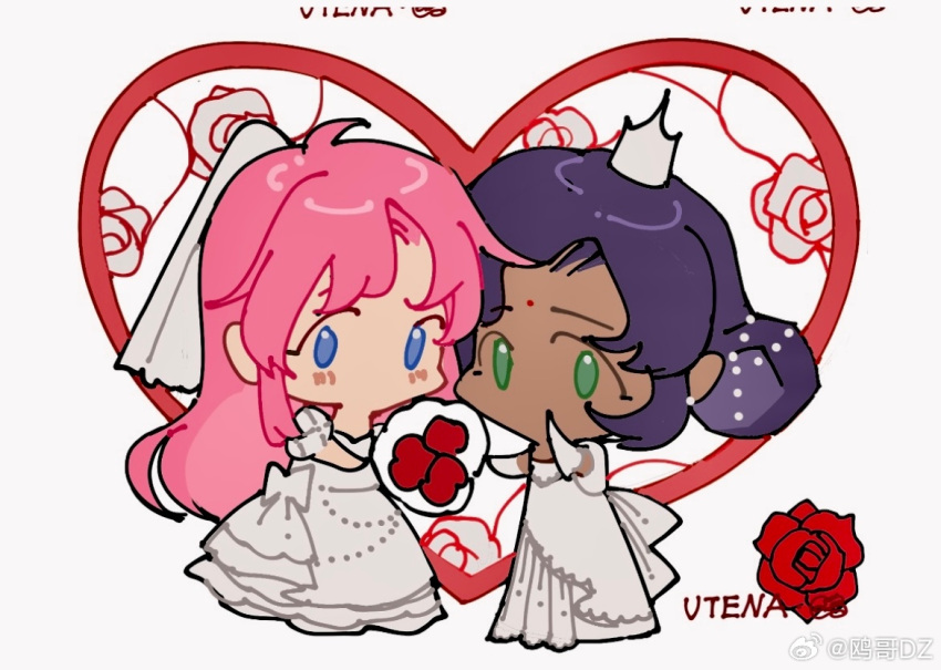 2girls, argyle_clothes, argyle_sleeves, back_bow, bare_arms, beads, blue_eyes, bouquet