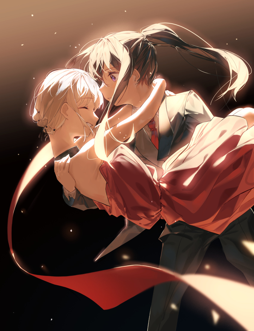 2girls, absurdres, arm_around_neck, bare_shoulders, beads, black_hair, black_jacket, black_pants