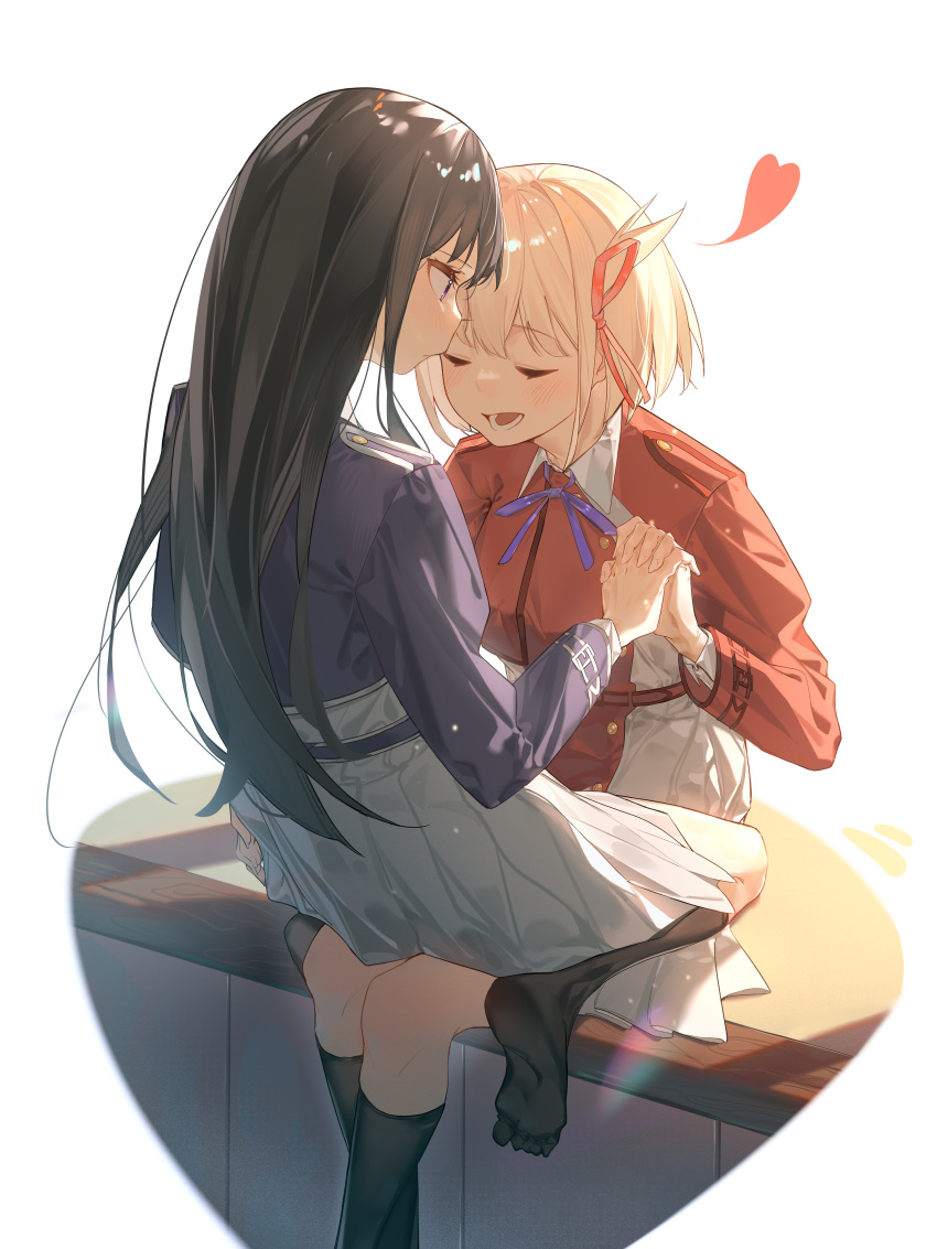 2girls, absurdres, black_hair, black_socks, blonde_hair, blue_dress, blush, closed_mouth