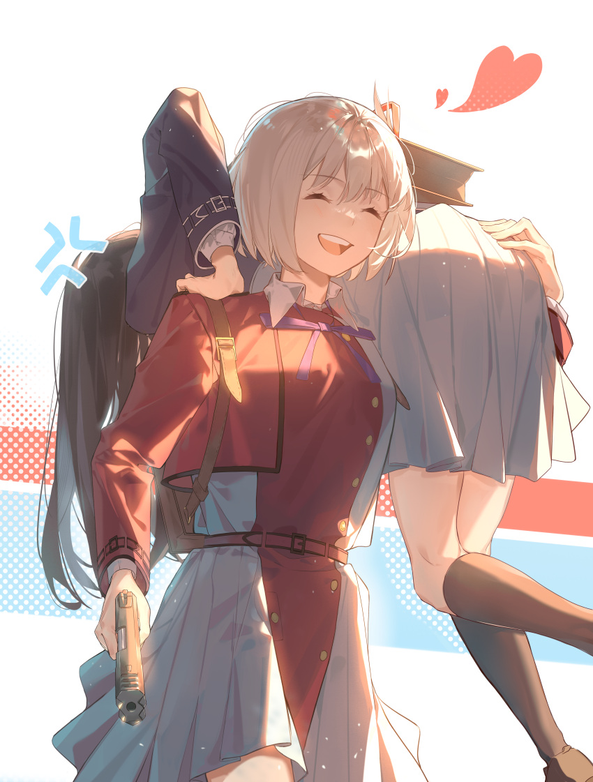 2girls, absurdres, anger_vein, bag, black_hair, blonde_hair, carrying, carrying_over_shoulder