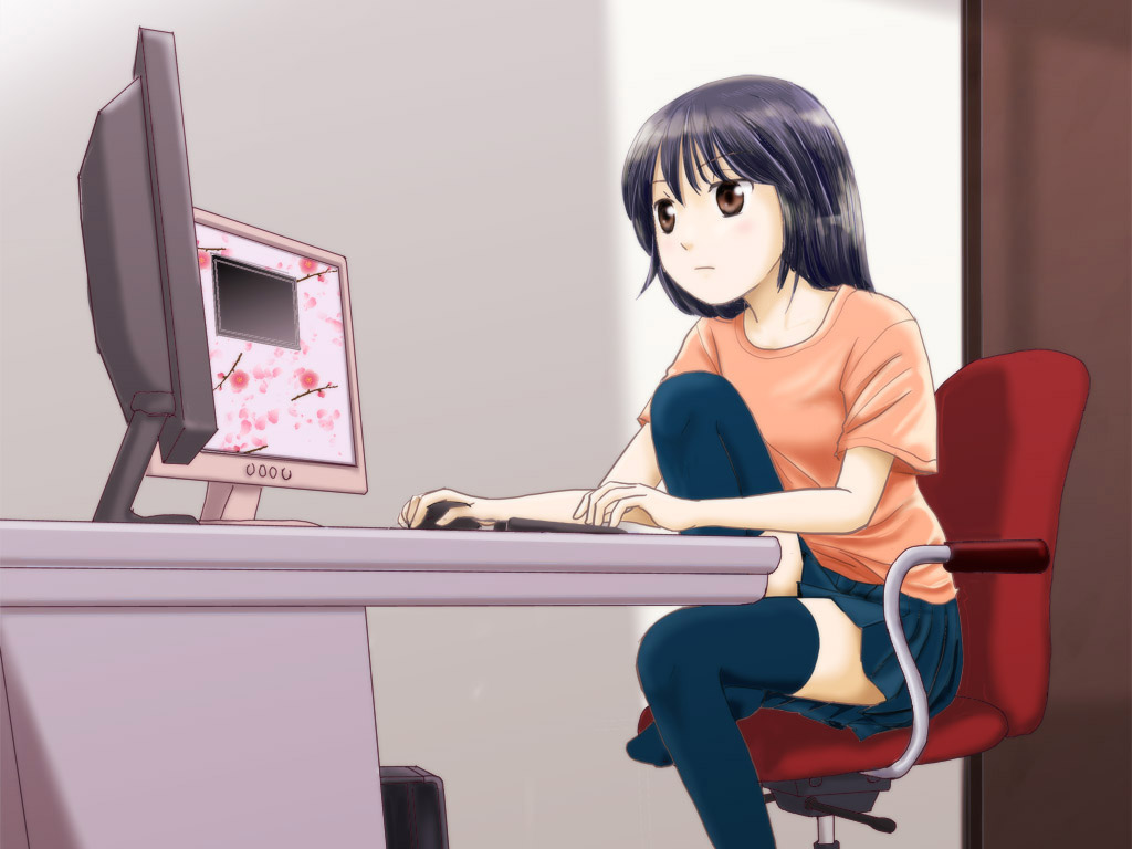 black_legwear, black_thighhighs, brown_eyes, chair, computer, monitor, original, shimazaki_kazumi