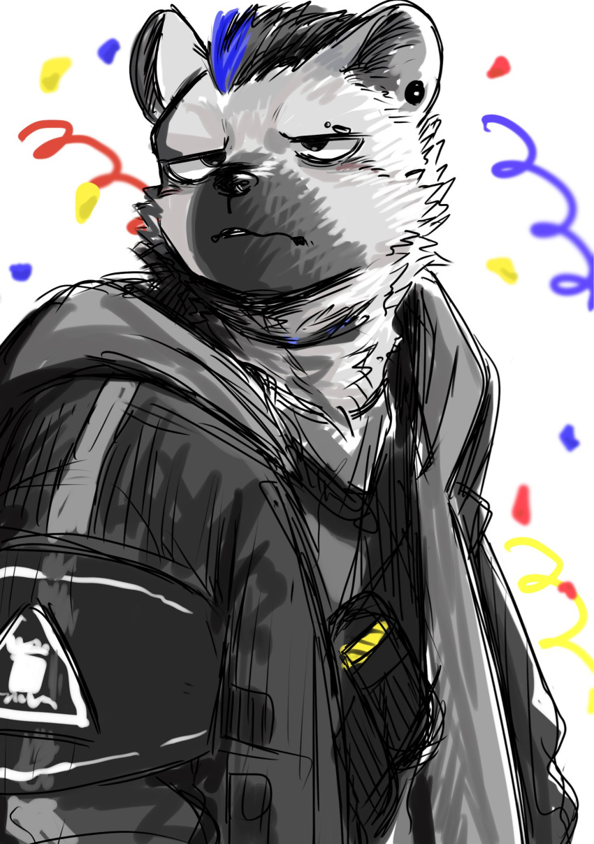 1boy, arknights, armband, black_hair, black_jacket, confetti, ear_piercing, eyebrow_piercing