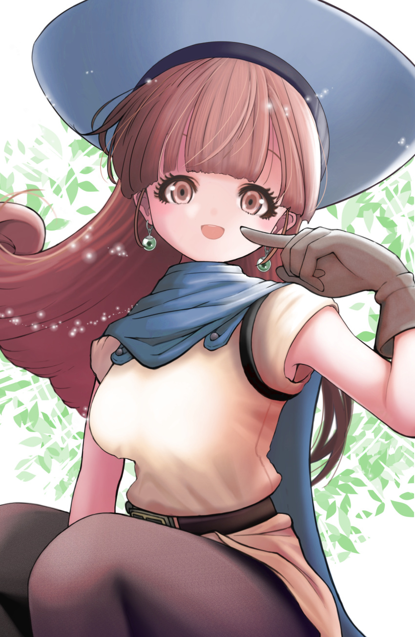 1girl, :d, absurdres, alena_(dq4), arm_between_legs, black_pantyhose, blue_cape, blue_hat