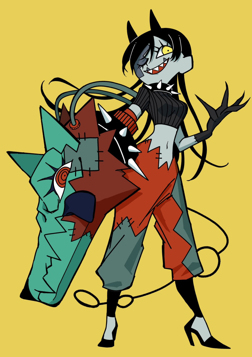 1girl, baggy_pants, black_hair, black_shirt, claws, collar, colored_skin, cropped_shirt