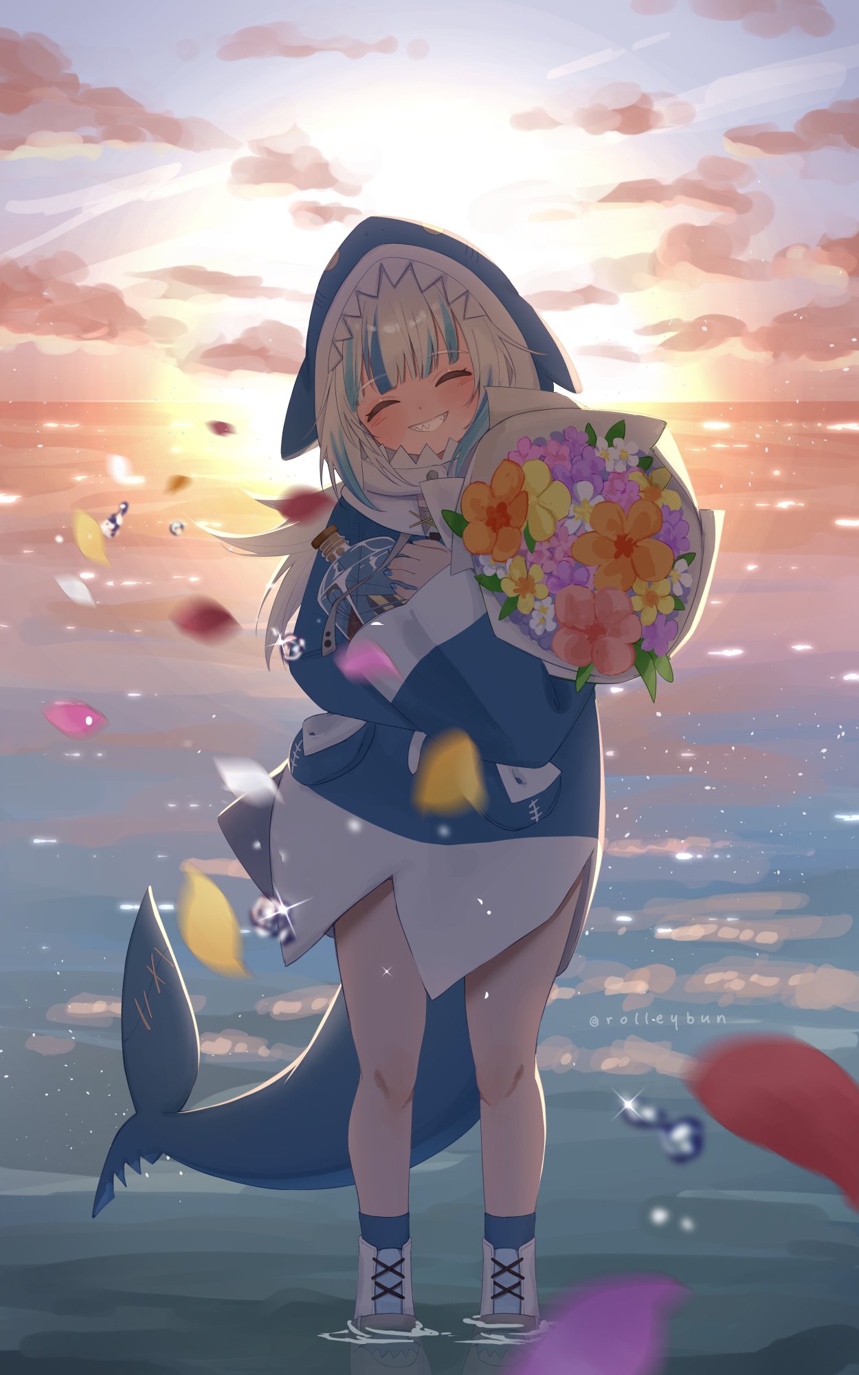 1girl, animal_hood, blue_hair, blue_nails, blue_socks, blunt_bangs, boots, bottle