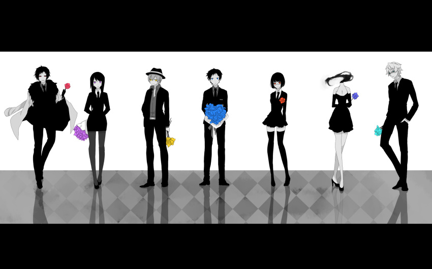 blue_eyes, bouquet, celty_sturluson, dress, durarara!!, flower, formal, ghost_in_the_shell, ghost_in_the_shell_lineup, ghost_in_the_shell_stand_alone_complex, glasses, heiwajima_shizuo, high_heels, highres, kida_masaomi, letterboxed, lineup, necktie, orihara_izaya, pantyhose, purple_eyes, red_eyes, ryuugamine_mikado, shoes, skirt, skirt_suit, sonohara_anri, spot_color, suit, thigh-highs, thighhighs, violet_eyes, yagiri_namie, yellow_eyes