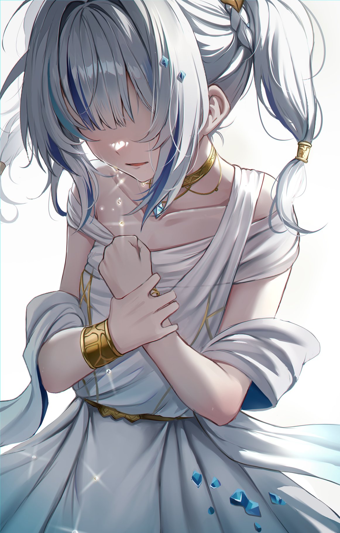 1girl, ancient_greek_clothes, blue_dress, blue_hair, bracelet, braid, commentary, crying