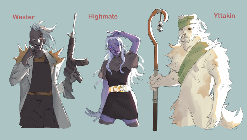 1girl, 2boys, absurdres, ar-15, assault_rifle, bandana, belt, black_dress