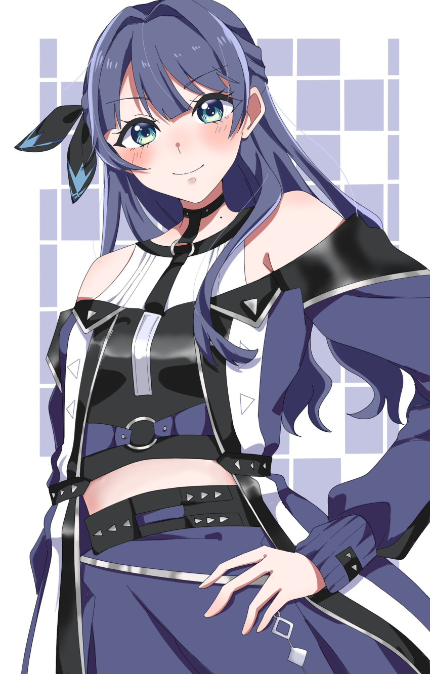 >:), 1girl, ampere_(love_live!), aqua_eyes, bare_shoulders, black_shirt, blue_background, blue_coat