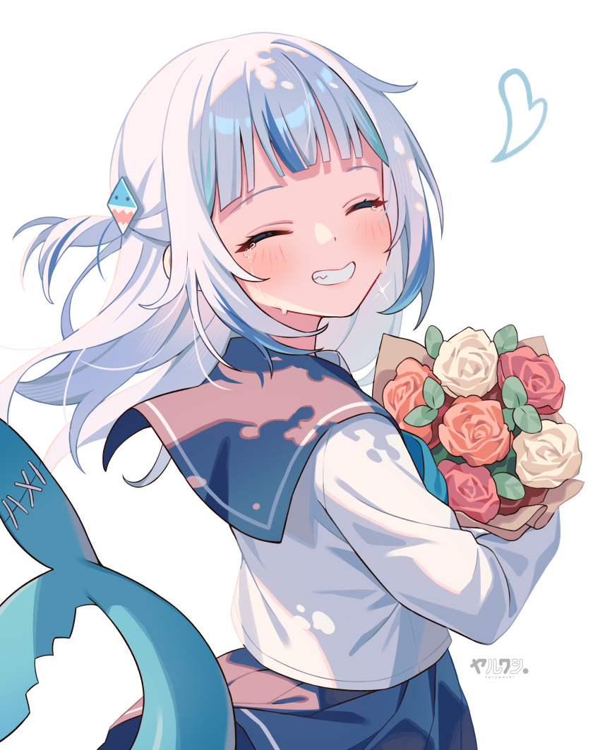 1girl, absurdres, blue_hair, blue_sailor_collar, blue_skirt, blunt_bangs, bouquet, commentary