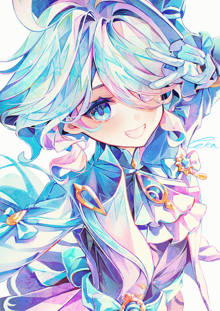 1girl, absurdres, ascot, blue_coat, blue_eyes, blue_hair, brooch, coat
