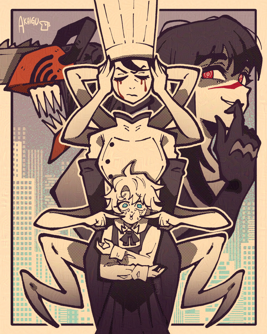 1boy, 3girls, absurdres, akaiguarts, apron, arthropod_limbs, blood, blood_from_eyes